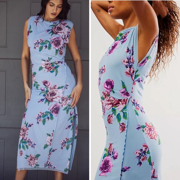 FREE PEOPLE DRESS L FAIRY CARMEL MIDI BLUE PINK FLORAL SLEEVELESS MESH BOHO CHIC - Picture 1 of 16